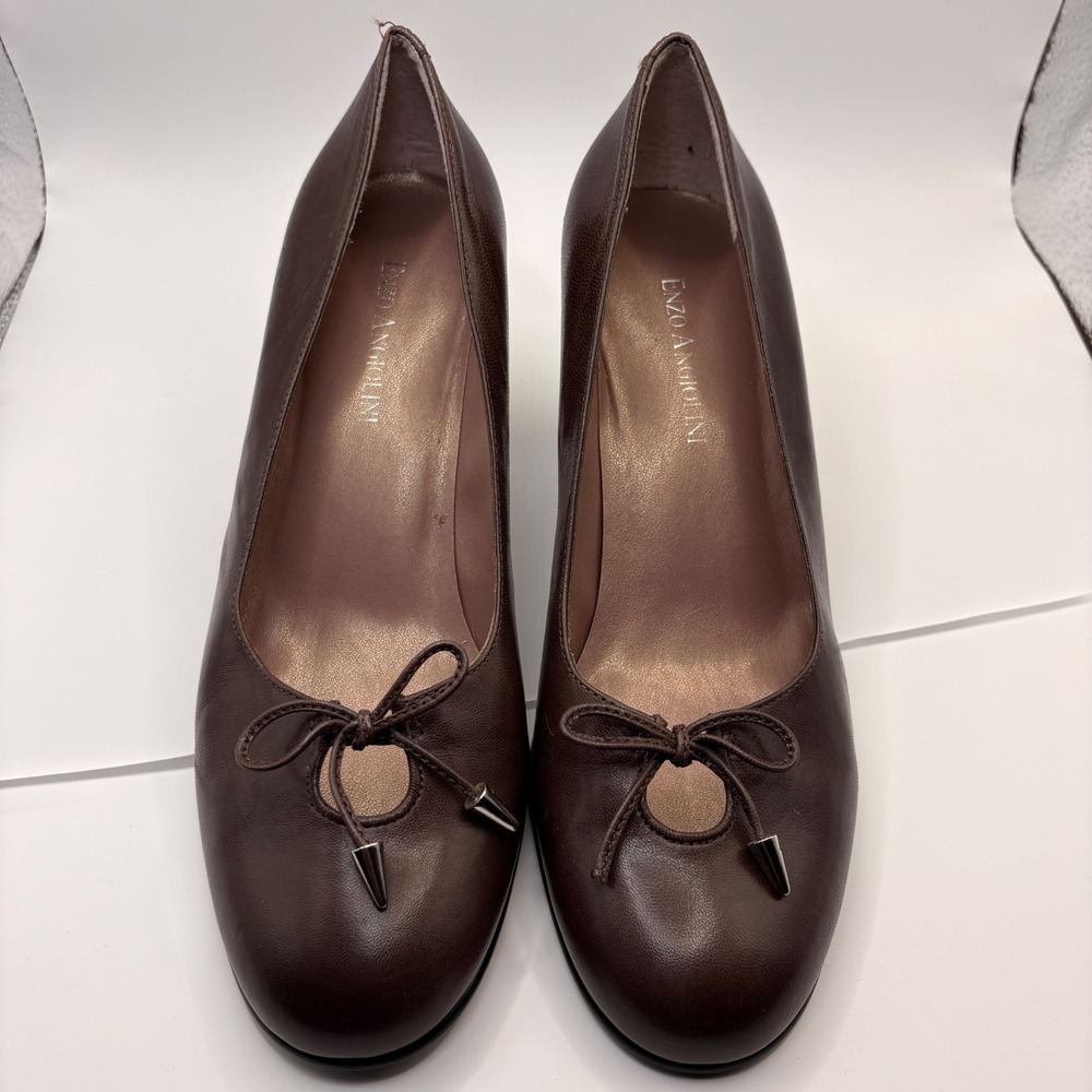 Enzo Angiolini Brown Leather Bow Pumps Round Toe Mid Heel Shoes Womens 7M